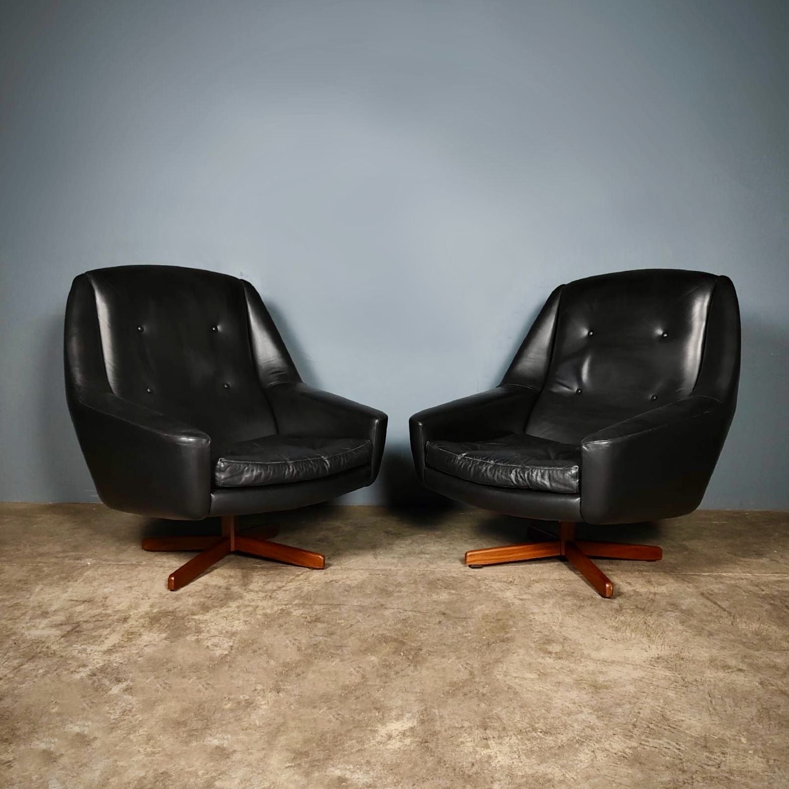 SOLD Black Leather Swivel Armchair Mid Century Vintage Retro MCM