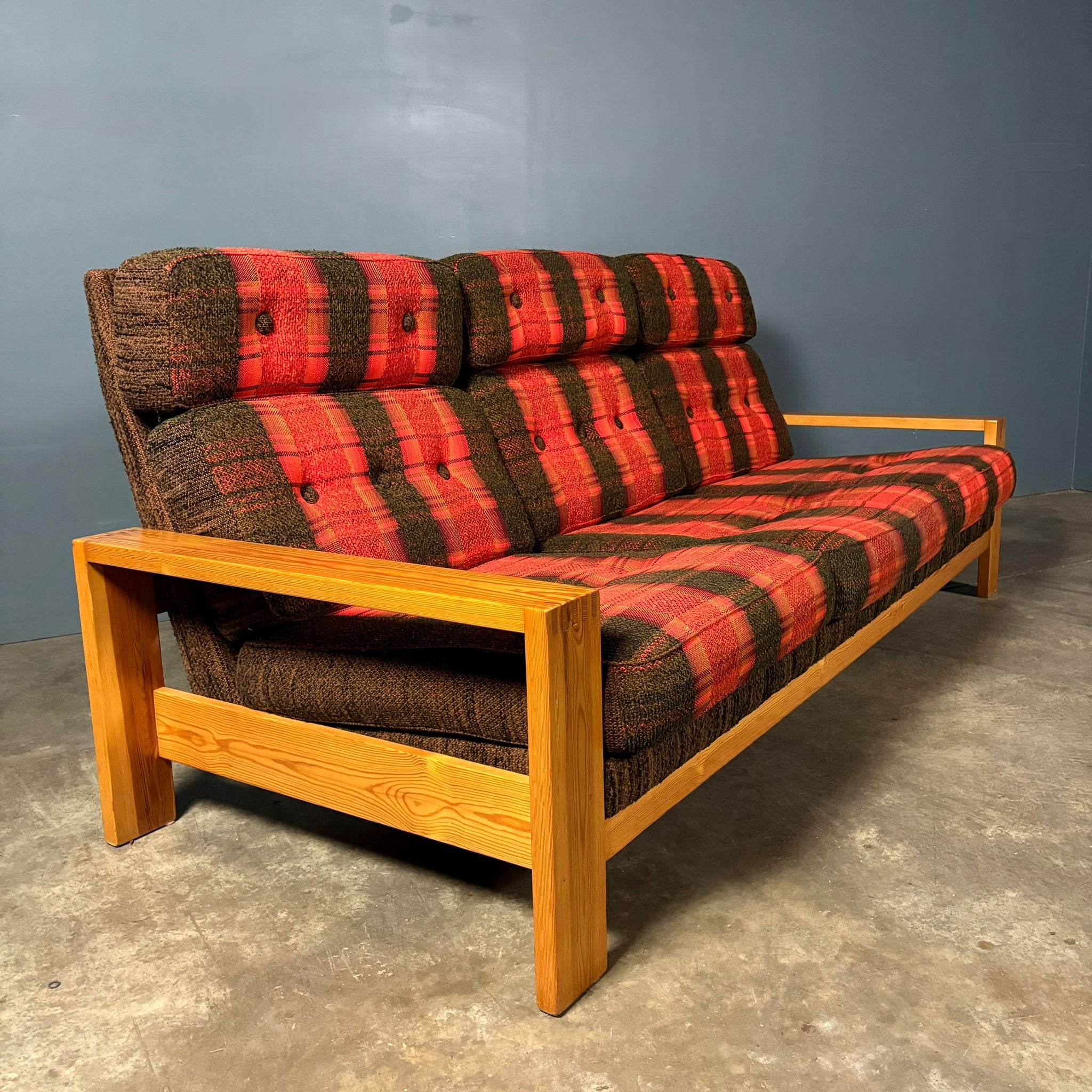 SOLD Three Seater Sofa Pine Mid Century Vintage Retro MCM