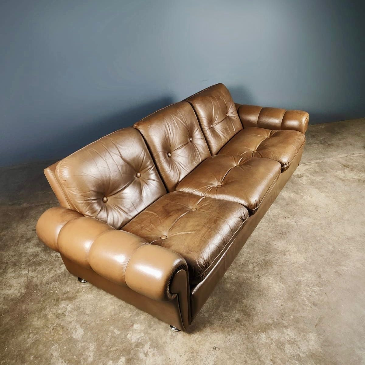 SOLD Mid Century Danish Brown Leather Three Seater Sofa Vintage Retro MCM