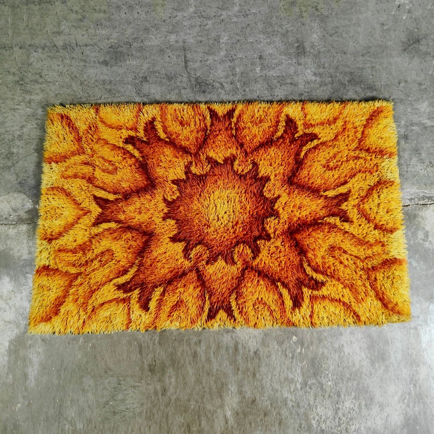 SOLD Mid Century Retro Large Yellow Orange Brown Rug Norwegian Vintage Wool MCM