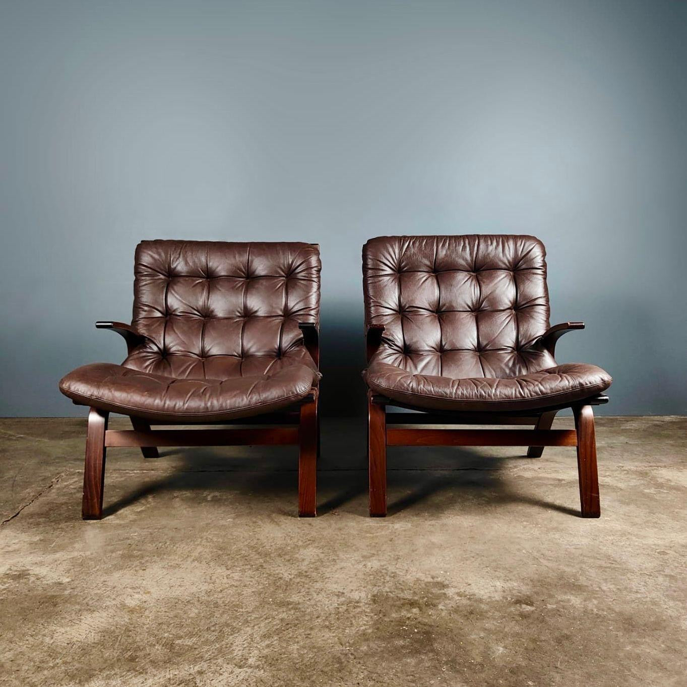 SOLD Pair Of Ingmar Relling By Westnofa Farstrup Brown Leather Lounge Chairs Mid Century Vintage Retro MCM