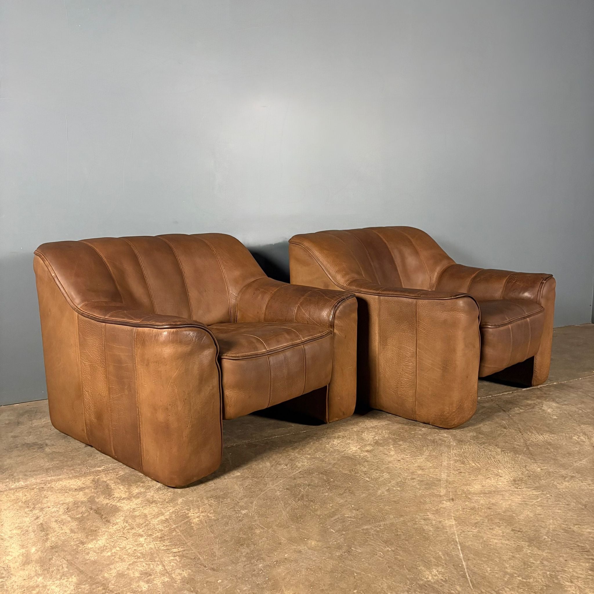Pair Of De Sede DS44 Armchairs Brown Tan Leather Mid Century Vintage Retro MCM