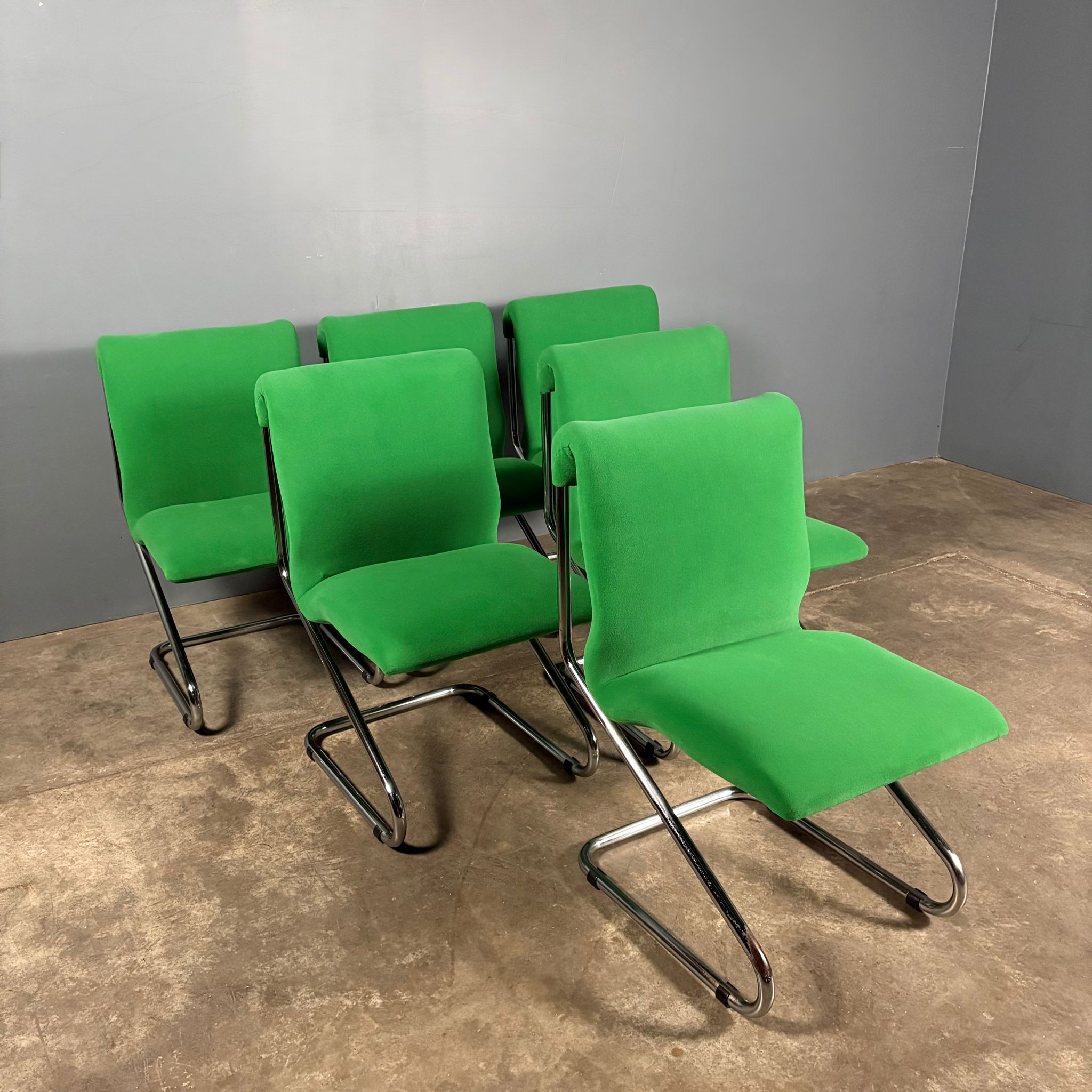 Six Green Italian Pace Chrome Dining Chairs & Glass Dining Table Mid Century Vintage Retro MCM
