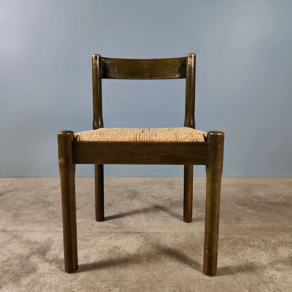SOLD Pair Of Carimate Green Rush & Beech Dining Chairs By Vico Magistretti For Cassina Mid Century Vintage Retro MCM