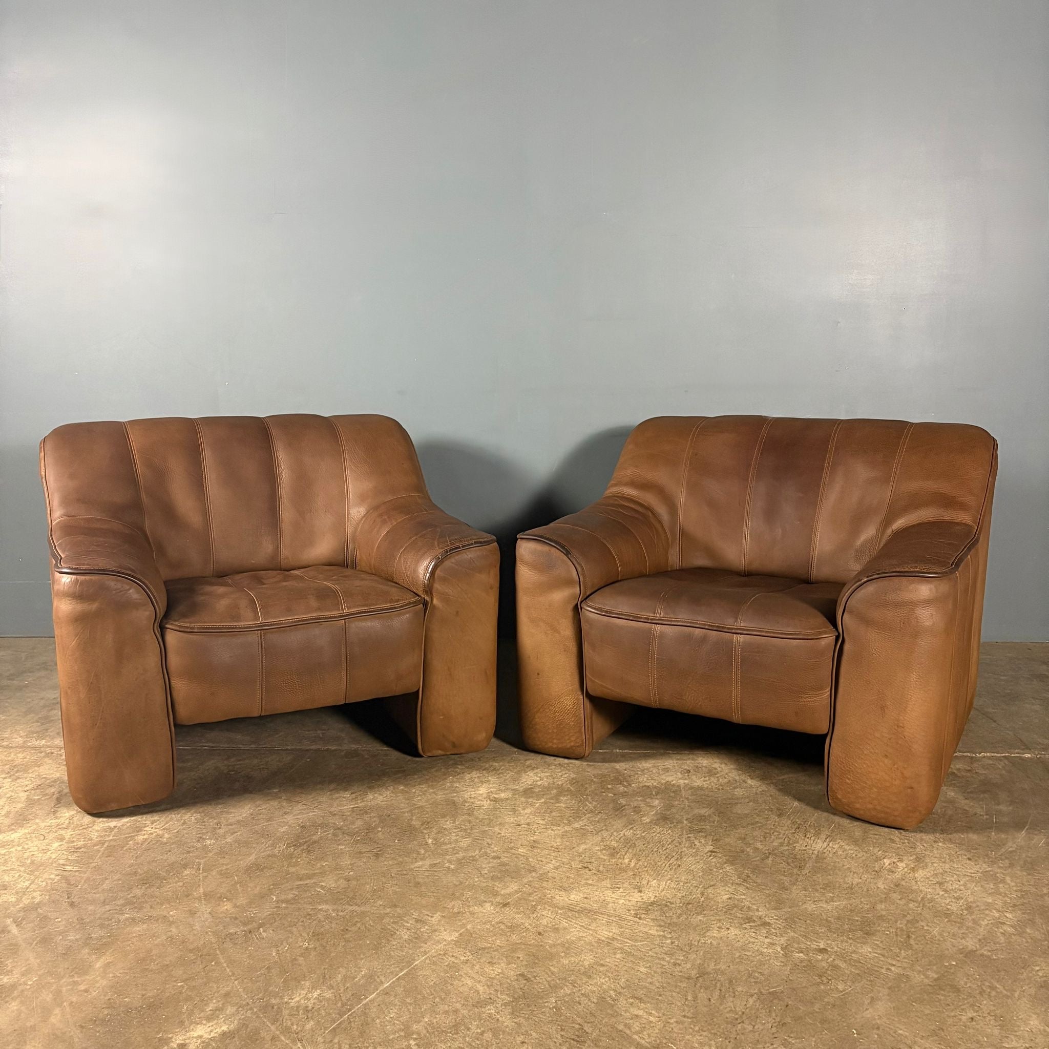 Pair Of De Sede DS44 Armchairs Brown Tan Leather Mid Century Vintage Retro MCM