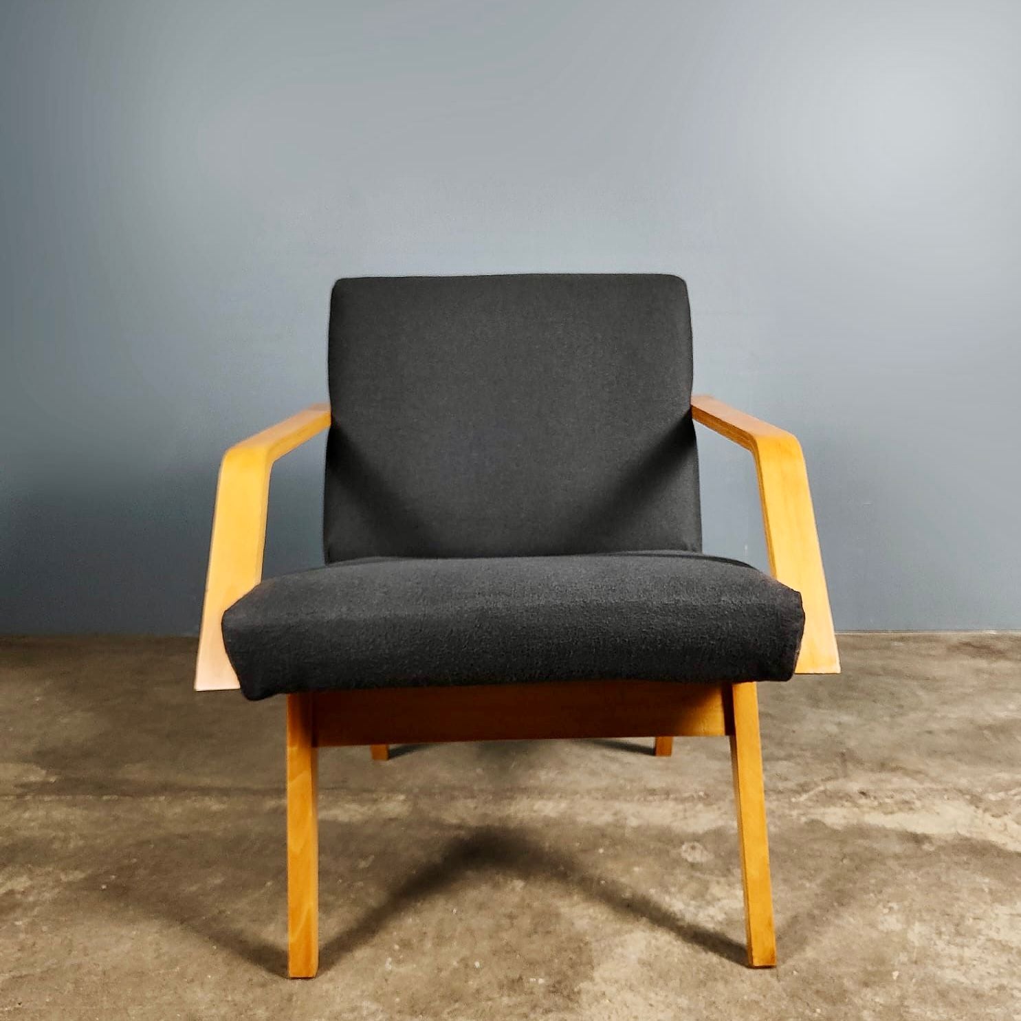 Vintage Czechoslovakia Armchair In Charcoal Grey Wool Mid Century Retro MCM