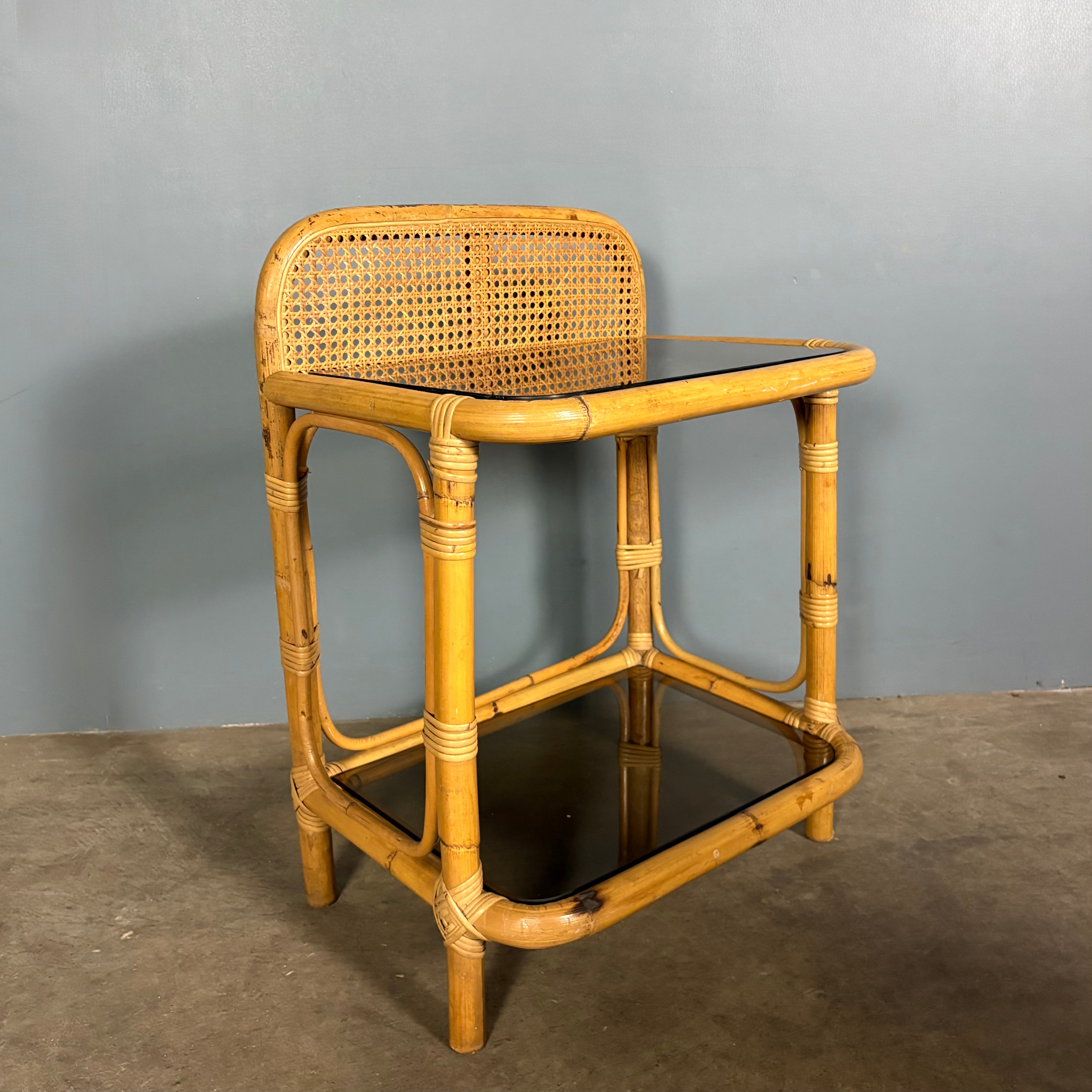 Pair Of Cane Rattan Bamboo Bedside Tables Mid Century Vintage Retro MCM