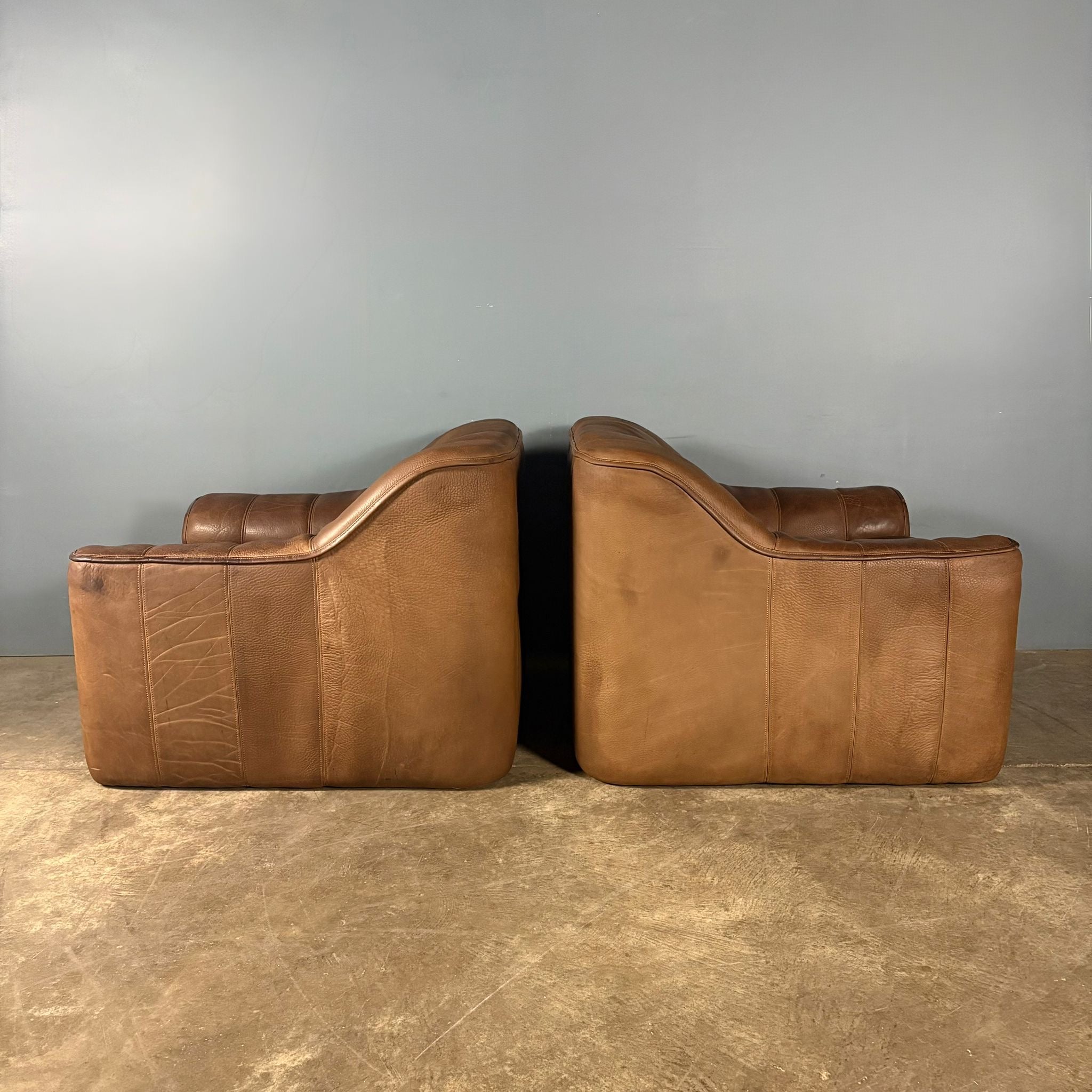 Pair Of De Sede DS44 Armchairs Brown Tan Leather Mid Century Vintage Retro MCM