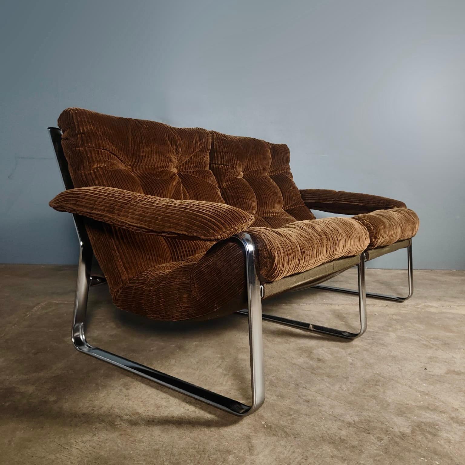 SOLD Mid Century Two Seater Brown Corduroy Sling Sofa By Gillis Lundgren For Ikea Vintage Retro MCM