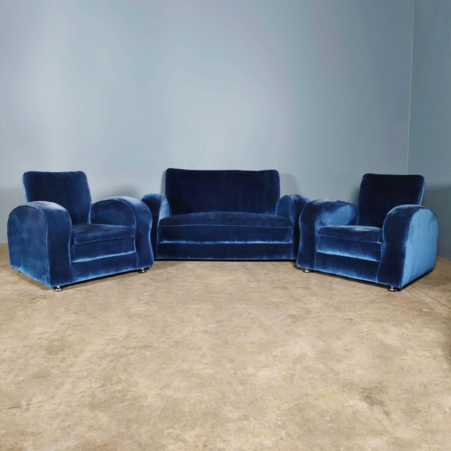 SOLD Blue Velvet Art Deco Armchair Mid Century Vintage Retro MCM