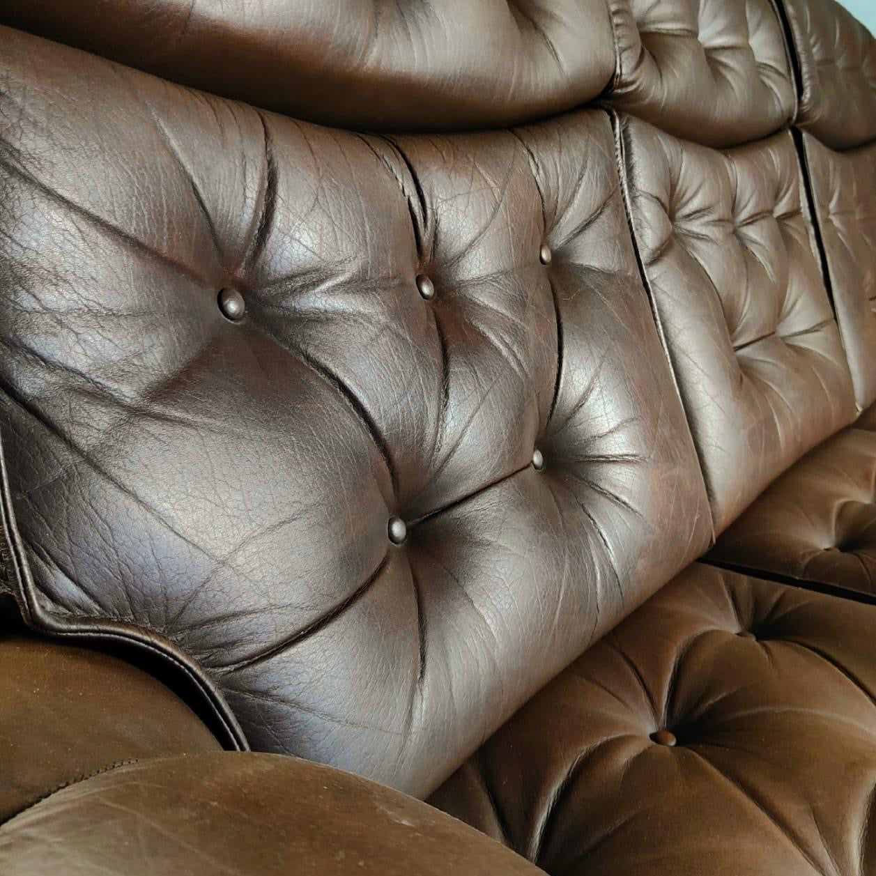 SOLD Mid Century Danish Brown Leather Three Seater Sofa Vintage Retro MCM