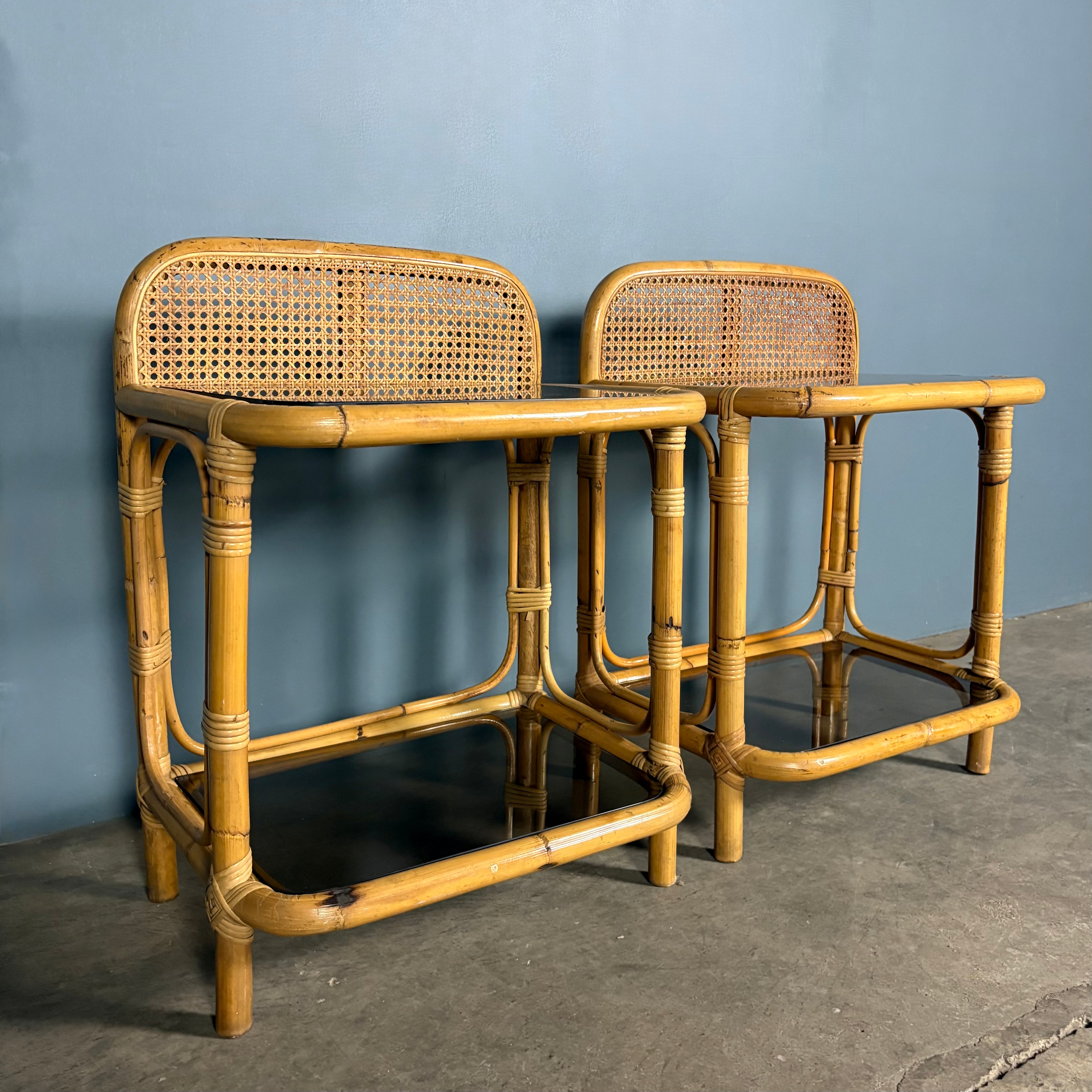 Pair Of Cane Rattan Bamboo Bedside Tables Mid Century Vintage Retro MCM