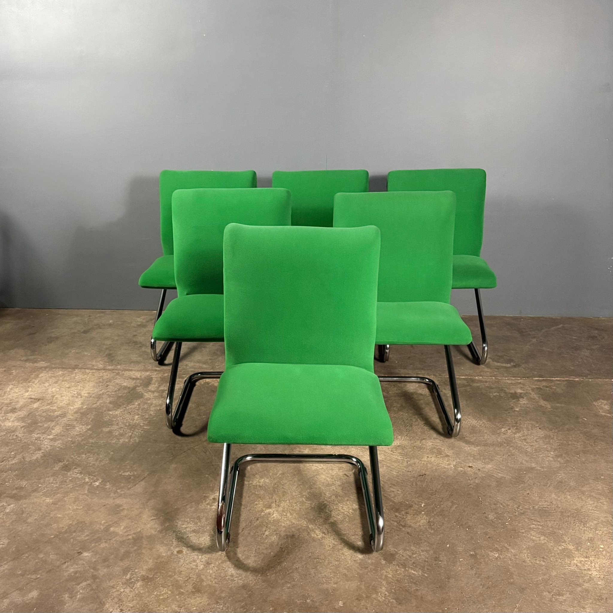 Six Green Italian Pace Chrome Dining Chairs & Glass Dining Table Mid Century Vintage Retro MCM