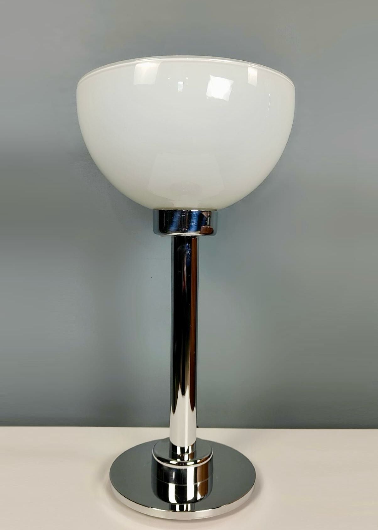 Pair of French Mid Century S.C.E Chrome and Opaline Glass Table Lamps