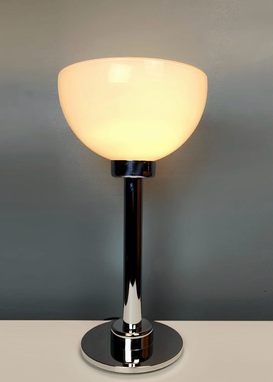 Pair of French Mid Century S.C.E Chrome and Opaline Glass Table Lamps