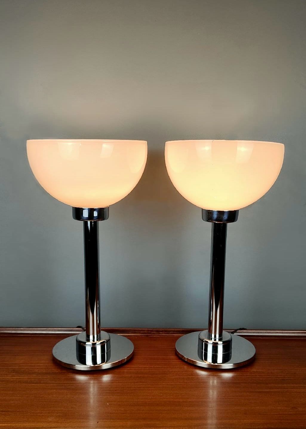 Pair of French Mid Century S.C.E Chrome and Opaline Glass Table Lamps