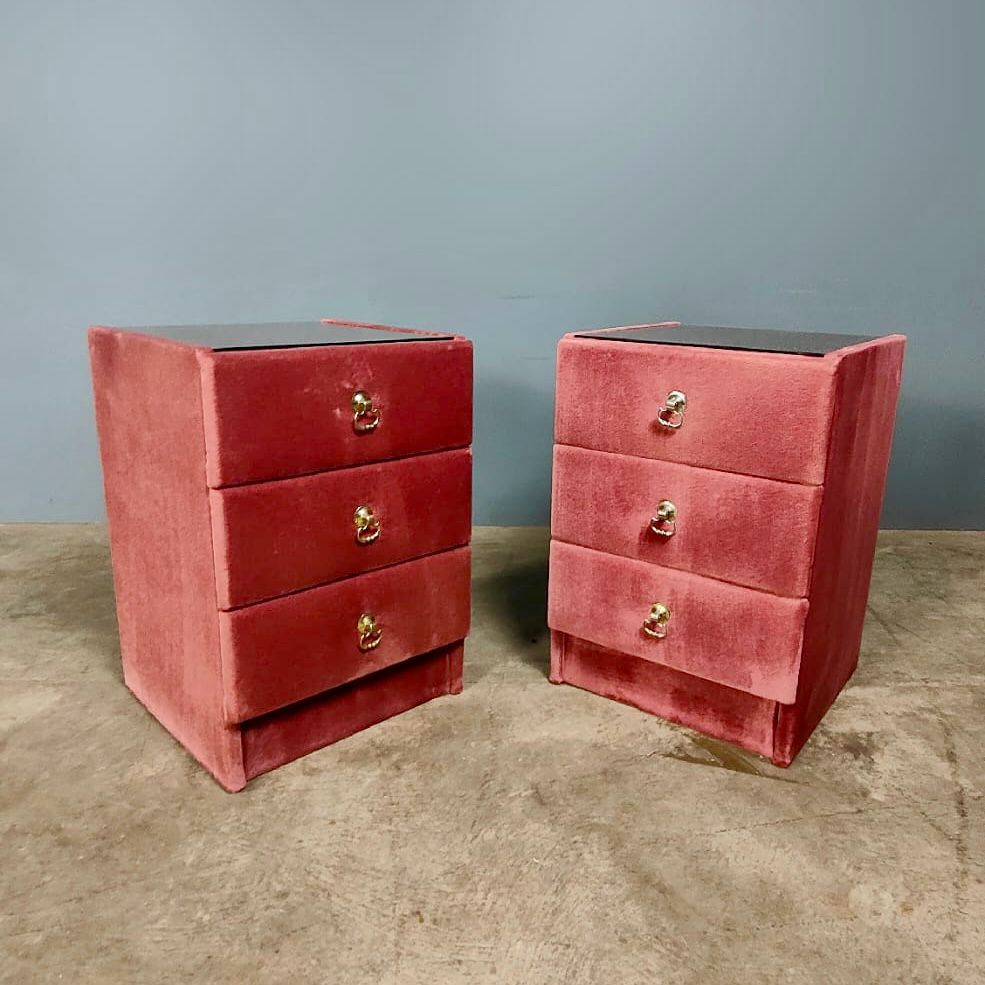Mid Century Vintage Pink Velvet Bedside Tables With Glass Tops
