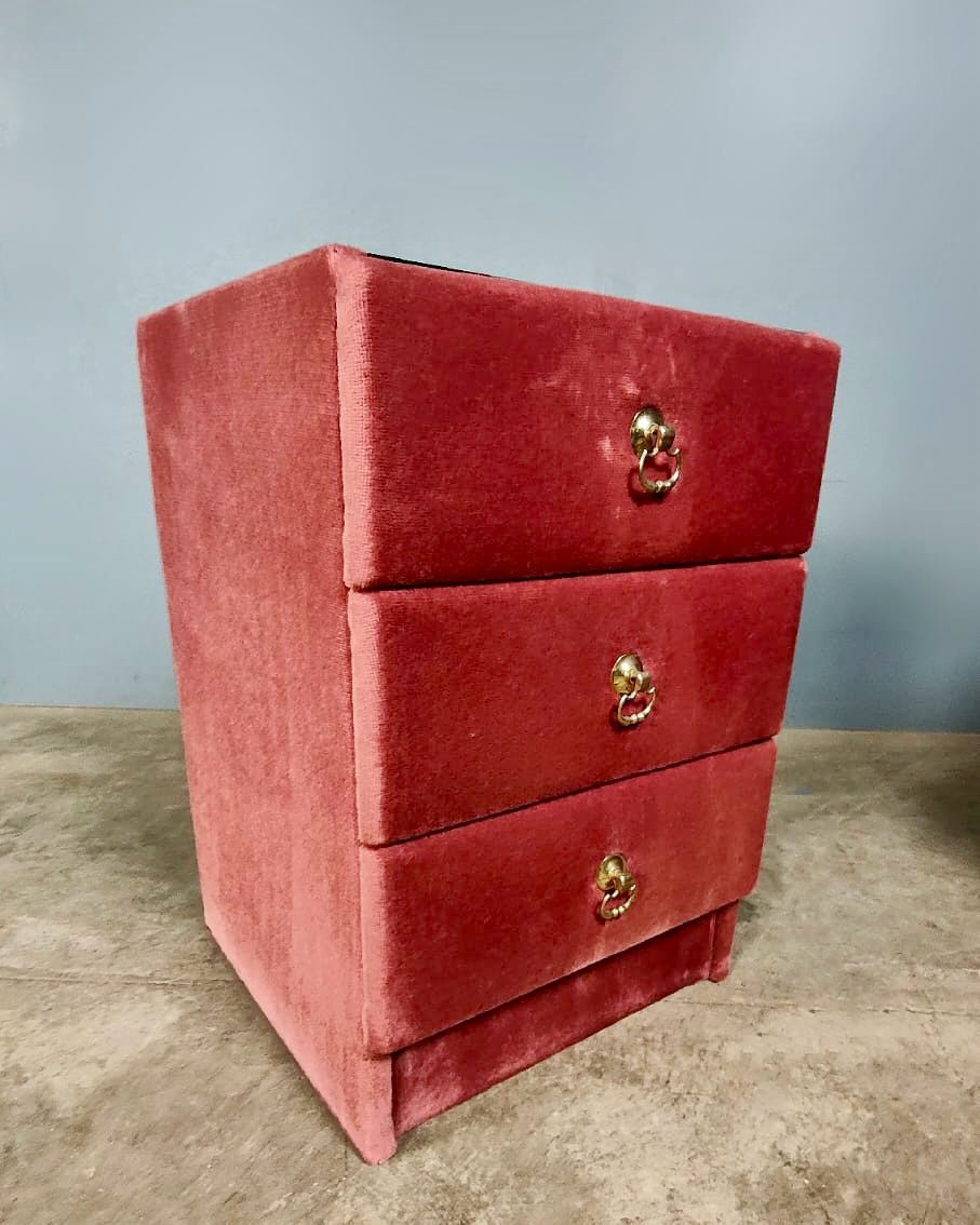 Mid Century Vintage Pink Velvet Bedside Tables With Glass Tops
