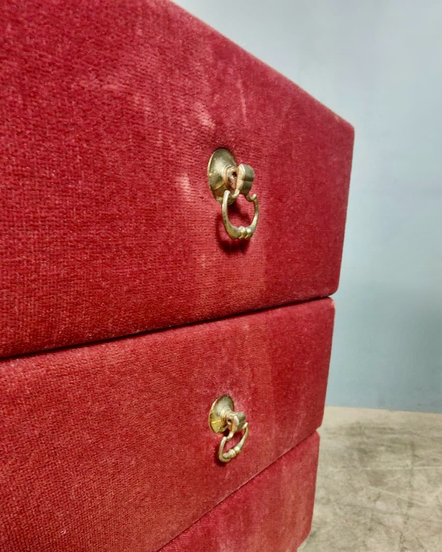 Mid Century Vintage Pink Velvet Bedside Tables With Glass Tops