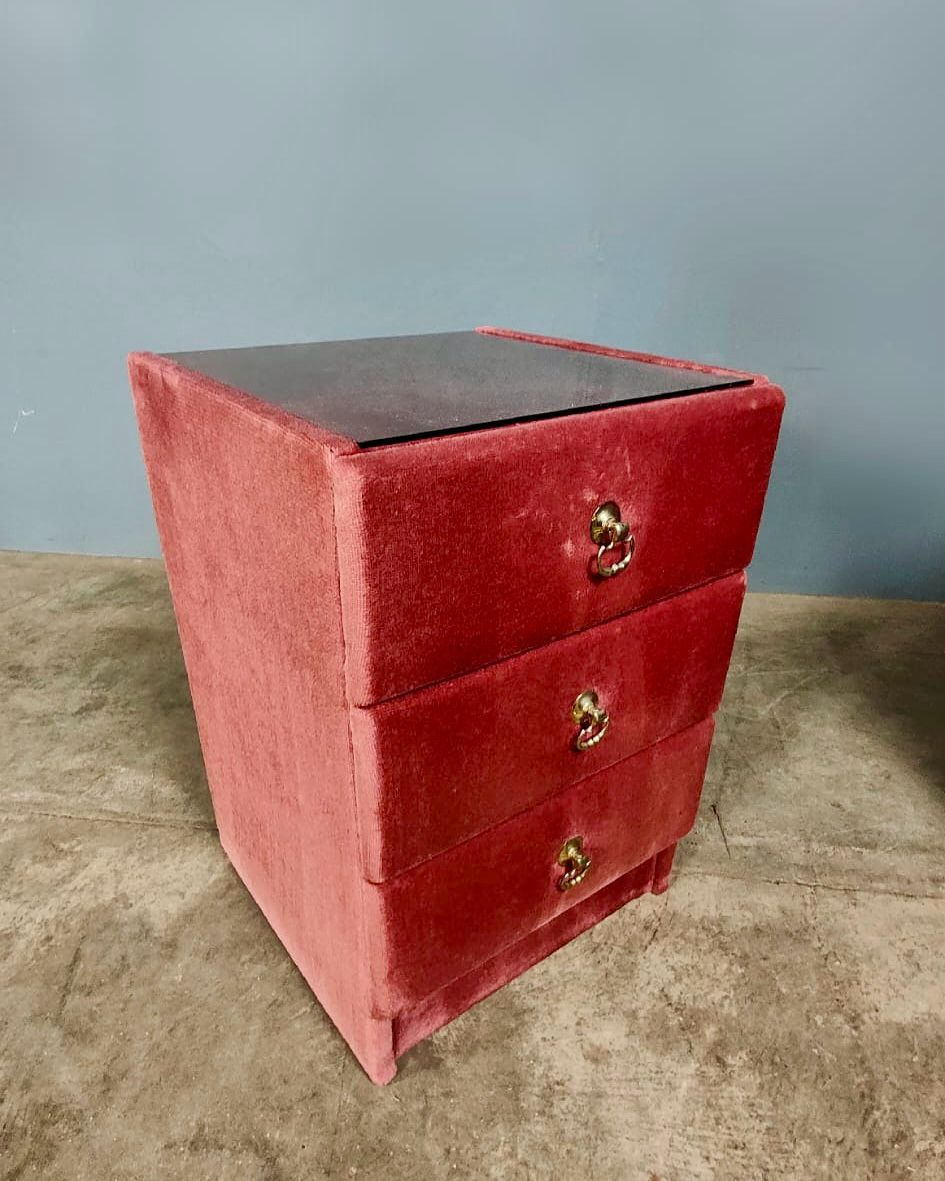 Mid Century Vintage Pink Velvet Bedside Tables With Glass Tops