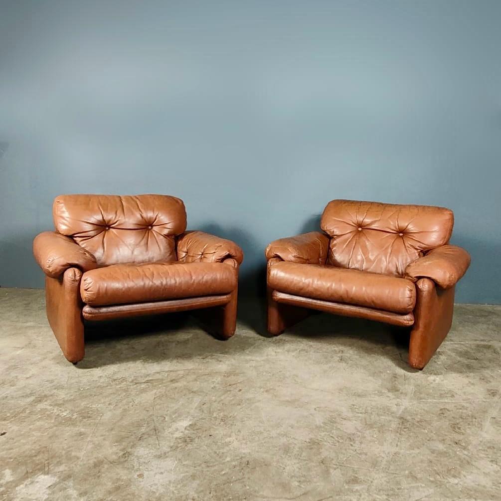 Pair Of Lounge Coronado Chairs By Tobia And Afra Scarpa For B&B Italia Tan Brown Leather