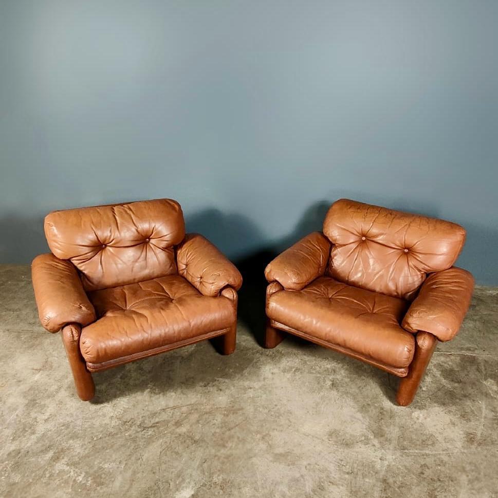 Pair Of Lounge Coronado Chairs By Tobia And Afra Scarpa For B&B Italia Tan Brown Leather
