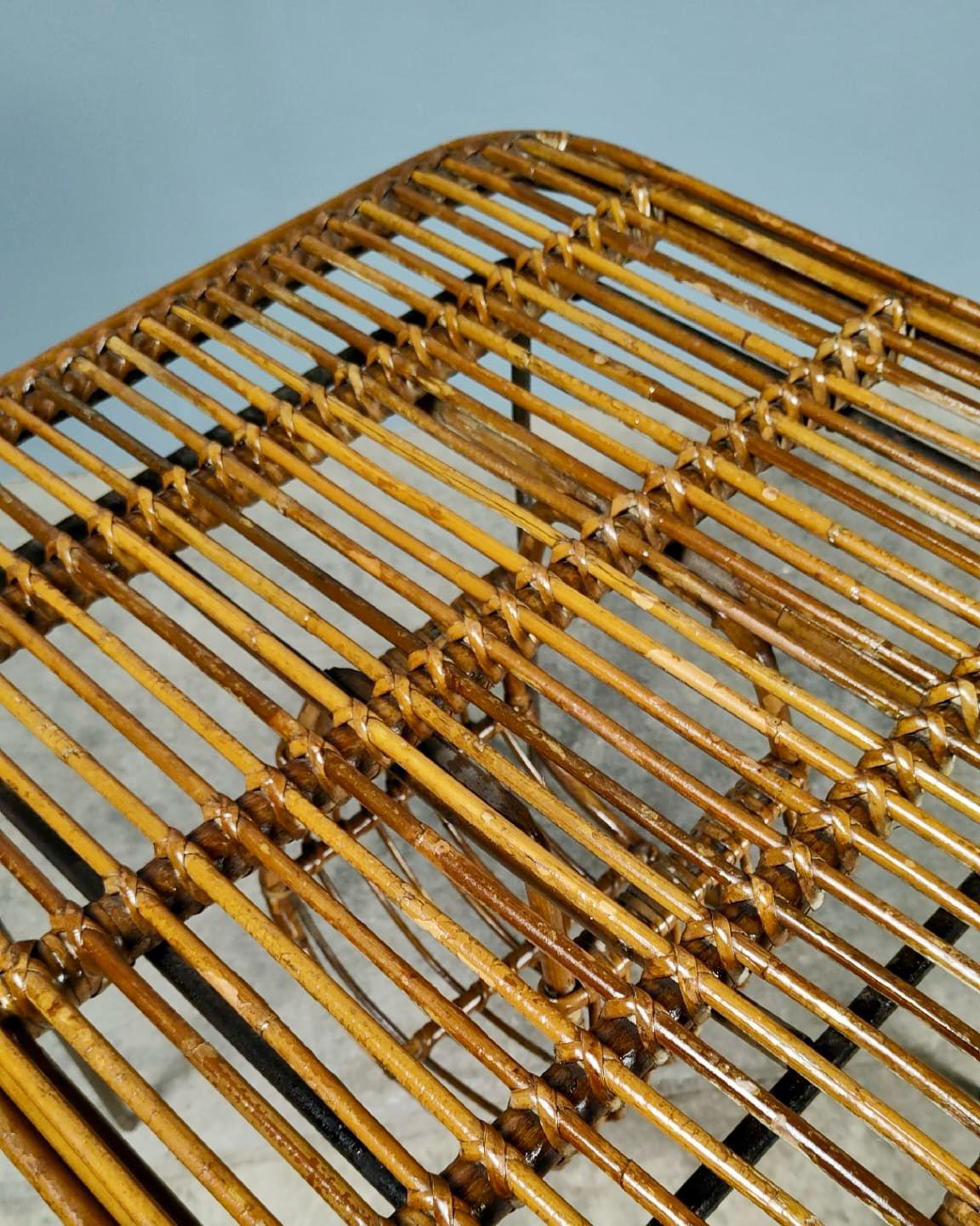 Mid Century Tito Agnoli Rattan & Metal Side Table Italian 1970s