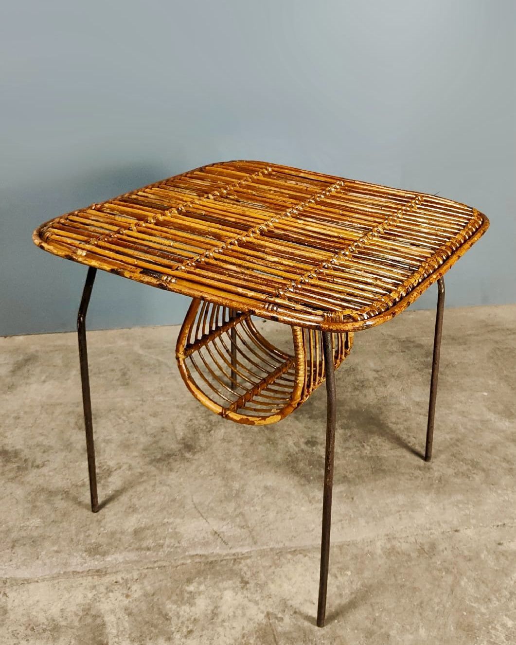Mid Century Tito Agnoli Rattan & Metal Side Table Italian 1970s
