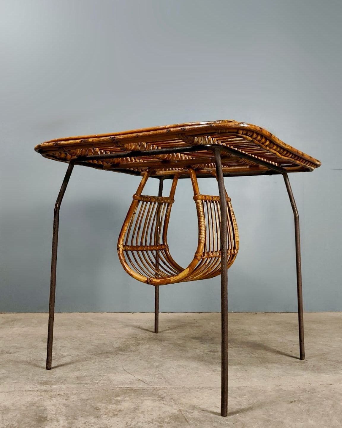 Mid Century Tito Agnoli Rattan & Metal Side Table Italian 1970s