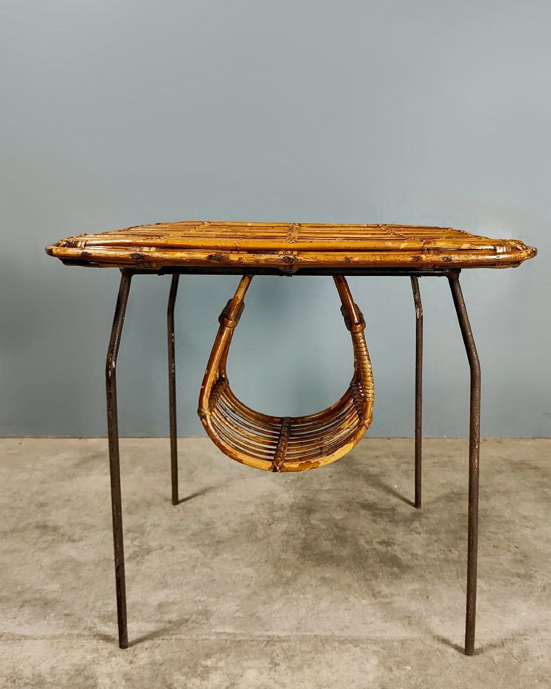 Mid Century Tito Agnoli Rattan & Metal Side Table Italian 1970s