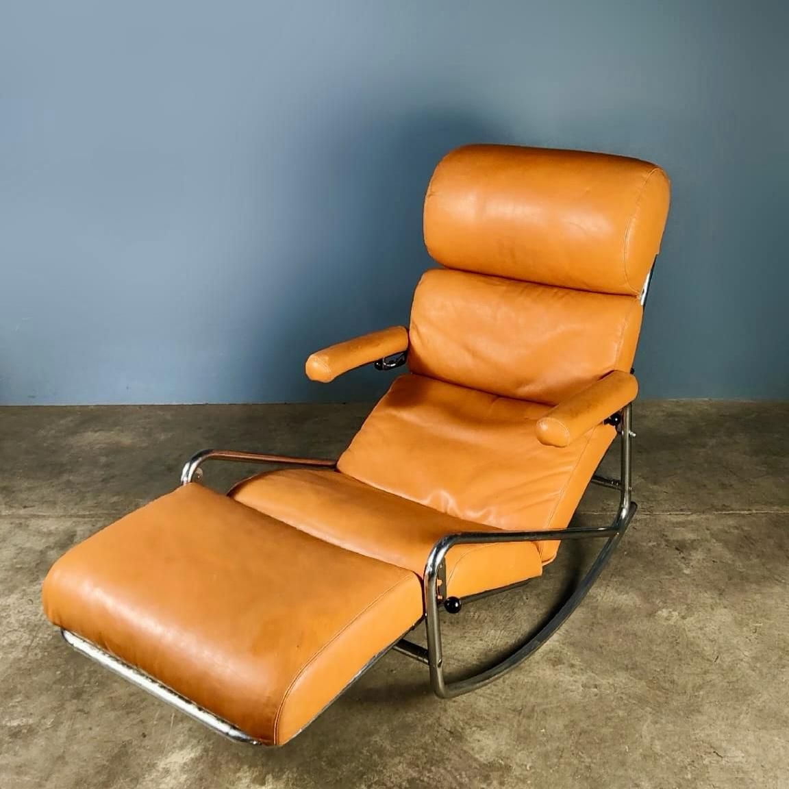 Banmüller Lama Brown Leather French German Rocking Lounge Chair
