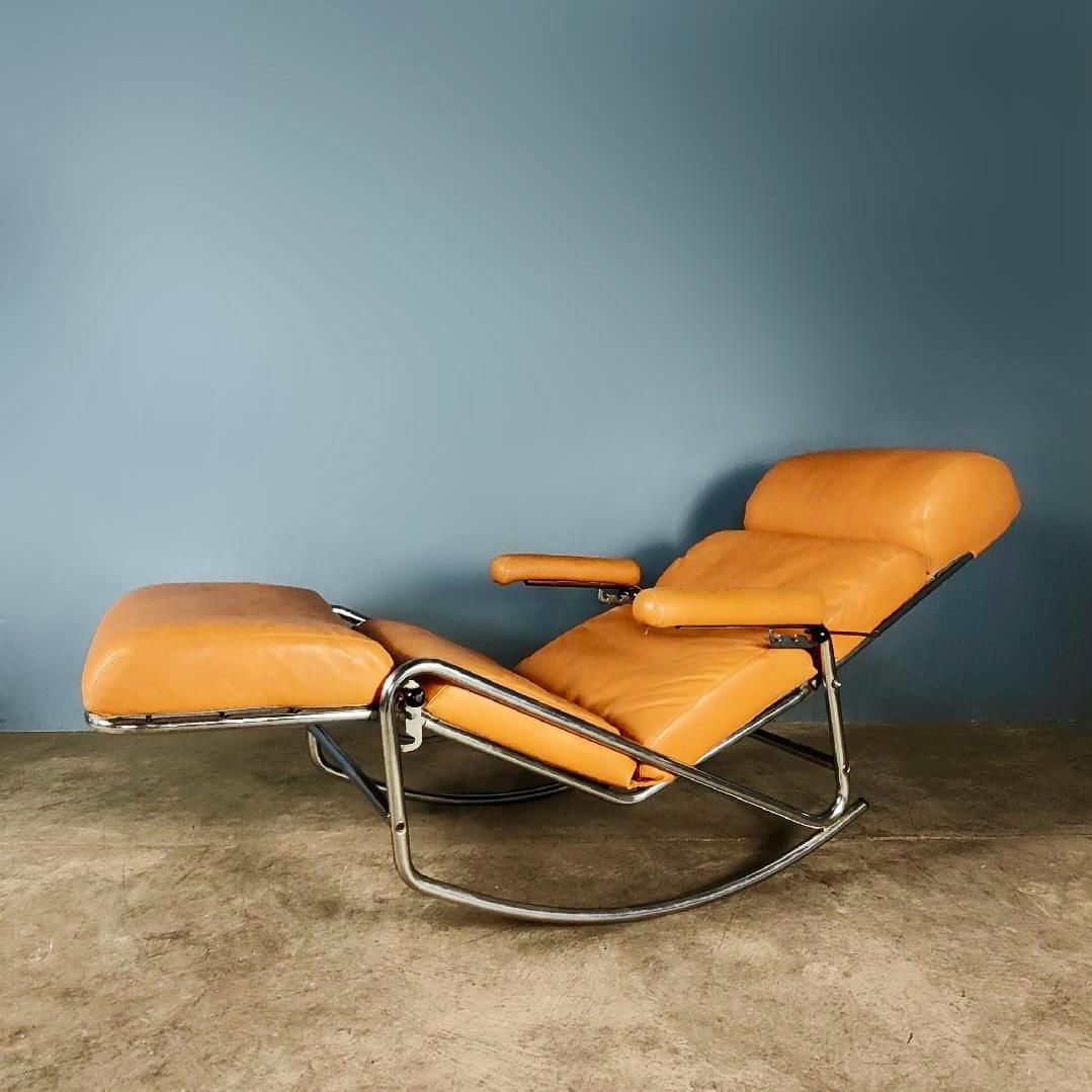 Banmüller Lama Brown Leather French German Rocking Lounge Chair