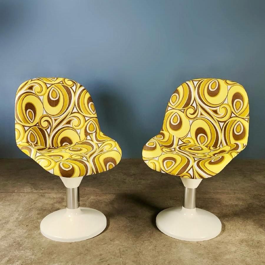 Pair Of Mid Century Yellow & White Retro Lounge Dining Chairs