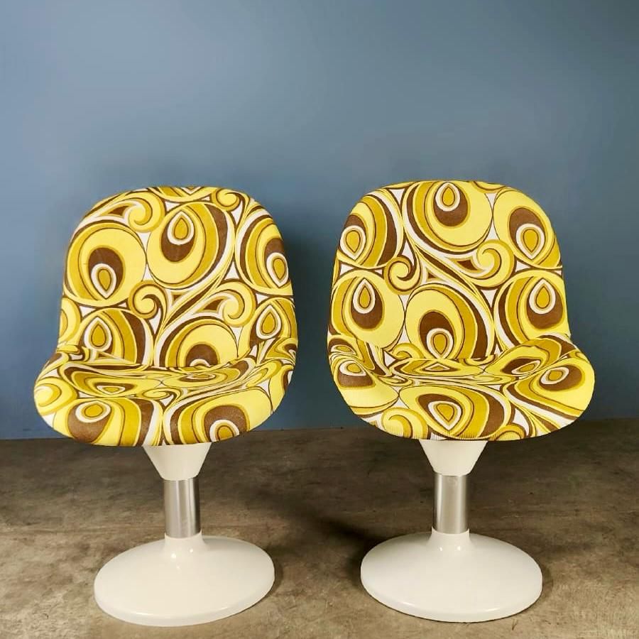 Pair Of Mid Century Yellow & White Retro Lounge Dining Chairs