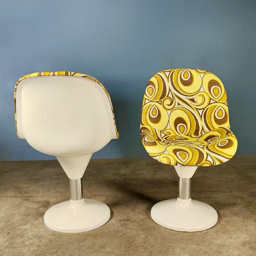 Pair Of Mid Century Yellow & White Retro Lounge Dining Chairs