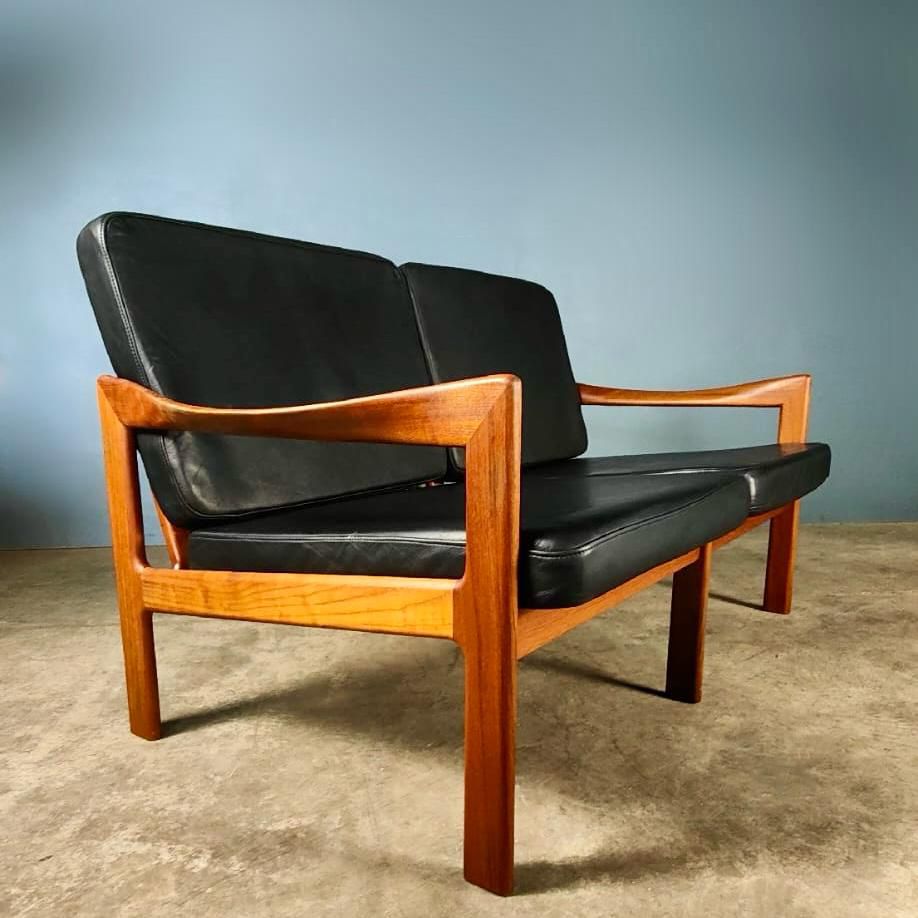 Danish Two Seater Sofa Illum Wikkelsø For Niels Eilersen Black Leather Teak