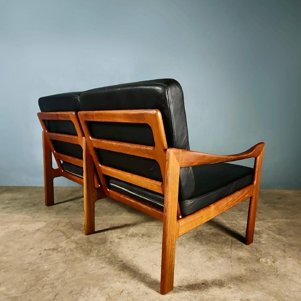 Danish Two Seater Sofa Illum Wikkelsø For Niels Eilersen Black Leather Teak
