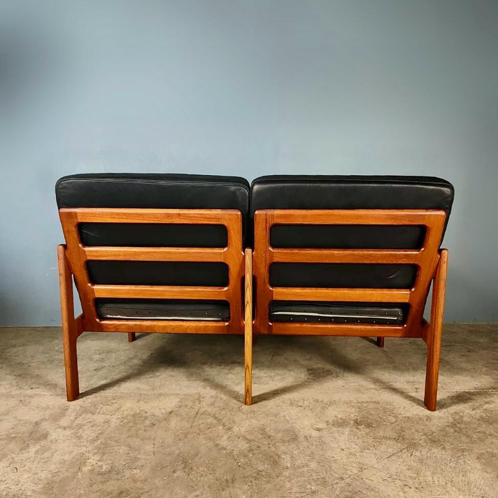 Danish Two Seater Sofa Illum Wikkelsø For Niels Eilersen Black Leather Teak