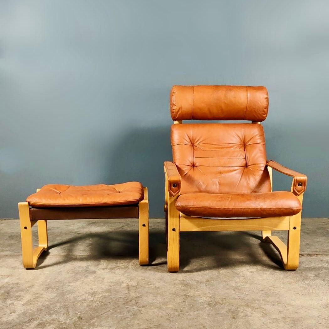 SOLD J.M Birking Danish Reclining Lounge Chair In Tan Cognac Leather & Footstool Mid Century Vintage Retro MCM