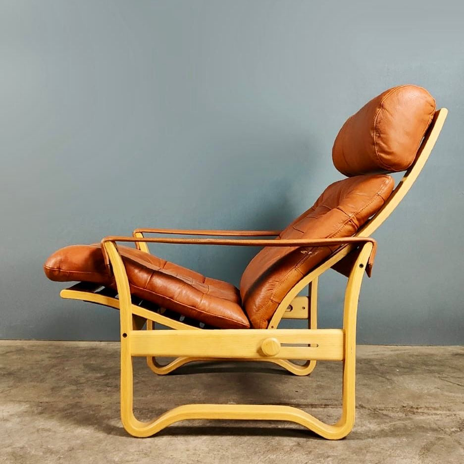 SOLD J.M Birking Danish Reclining Lounge Chair In Tan Cognac Leather & Footstool Mid Century Vintage Retro MCM