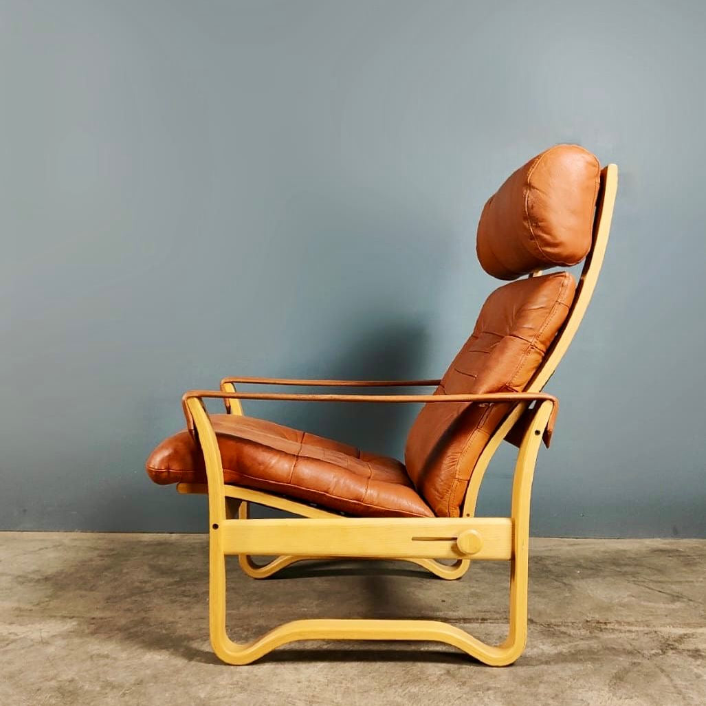 SOLD J.M Birking Danish Reclining Lounge Chair In Tan Cognac Leather & Footstool Mid Century Vintage Retro MCM