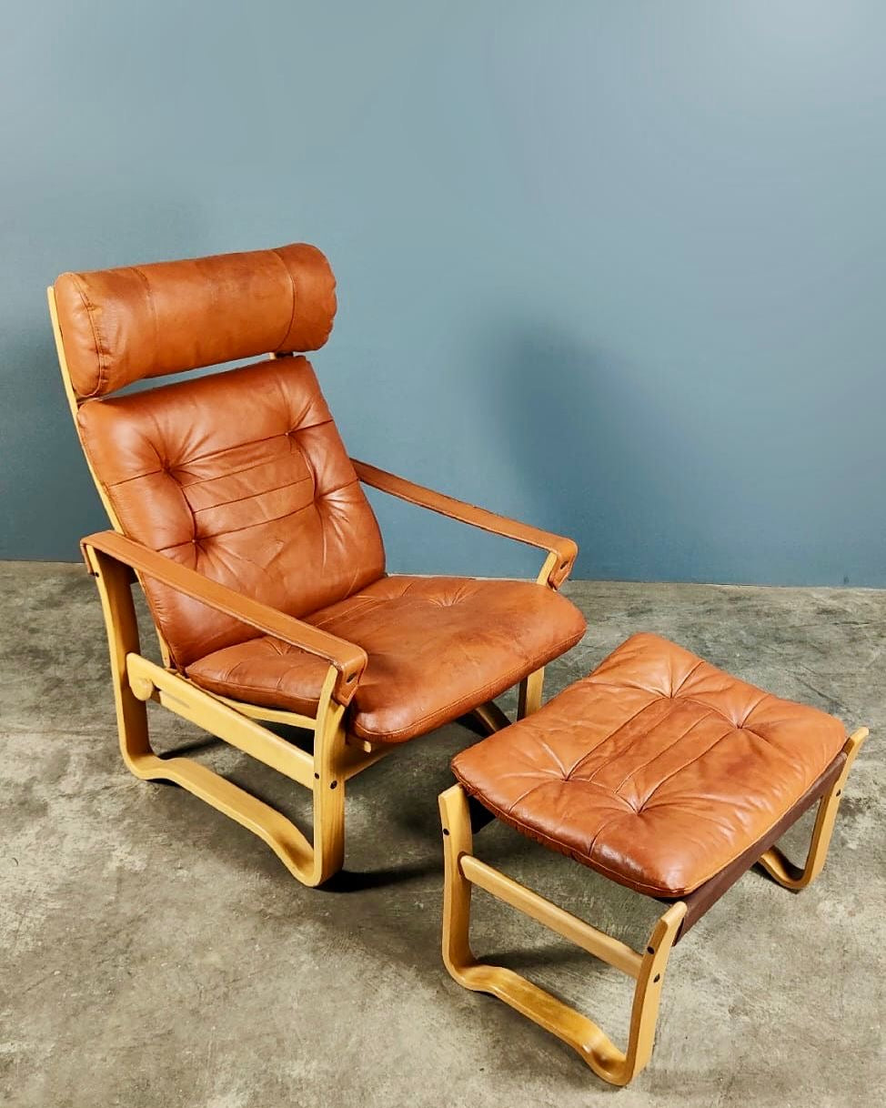 SOLD J.M Birking Danish Reclining Lounge Chair In Tan Cognac Leather & Footstool Mid Century Vintage Retro MCM