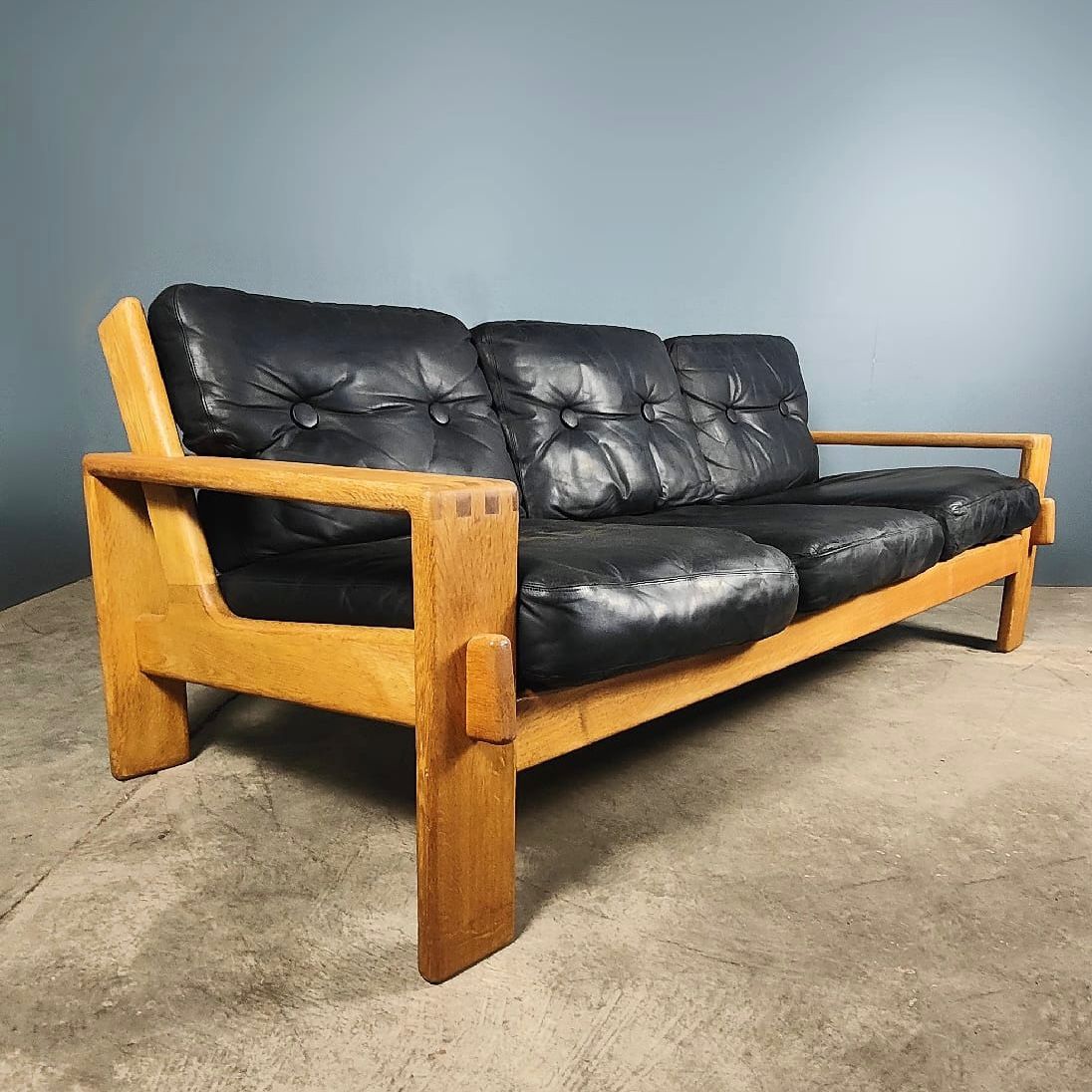 SOLD Vintage Bonanza Three Seater Black Leather Sofa By Esko Pajamies For Asko Mid Century Retro MCM