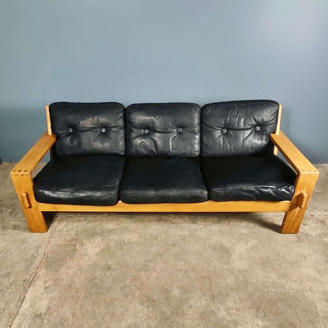 SOLD Vintage Bonanza Three Seater Black Leather Sofa By Esko Pajamies For Asko Mid Century Retro MCM