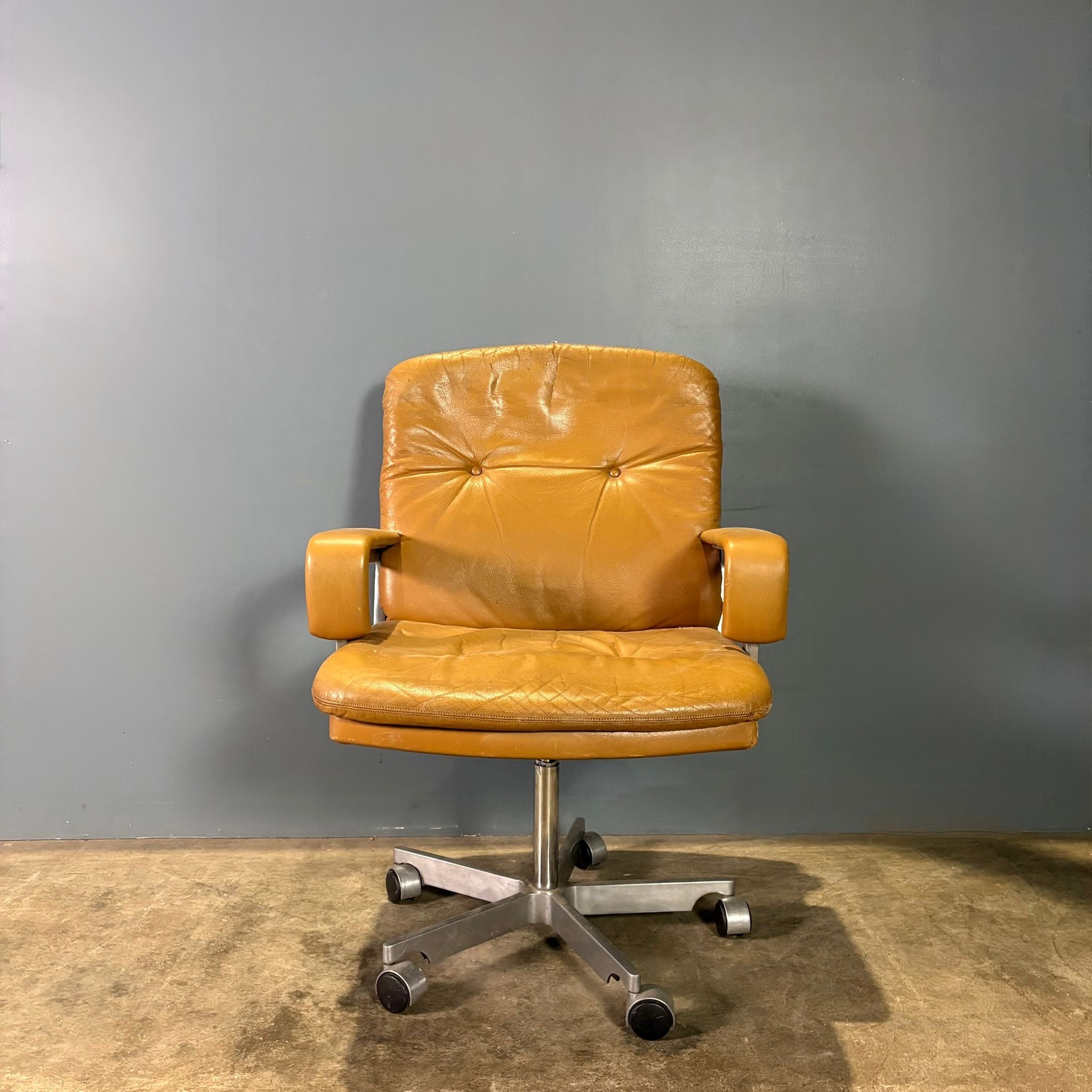 Office Chair André Vandenbeuck For Arflex Style Tan Cognac Leather Mid Century Vintage Retro MCM