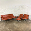 Mid Century Pieff Alpha Tan Brown Leather Three Seater Sofa & Two Swivel Lounge Chairs With Footstool Vintage Retro MCM