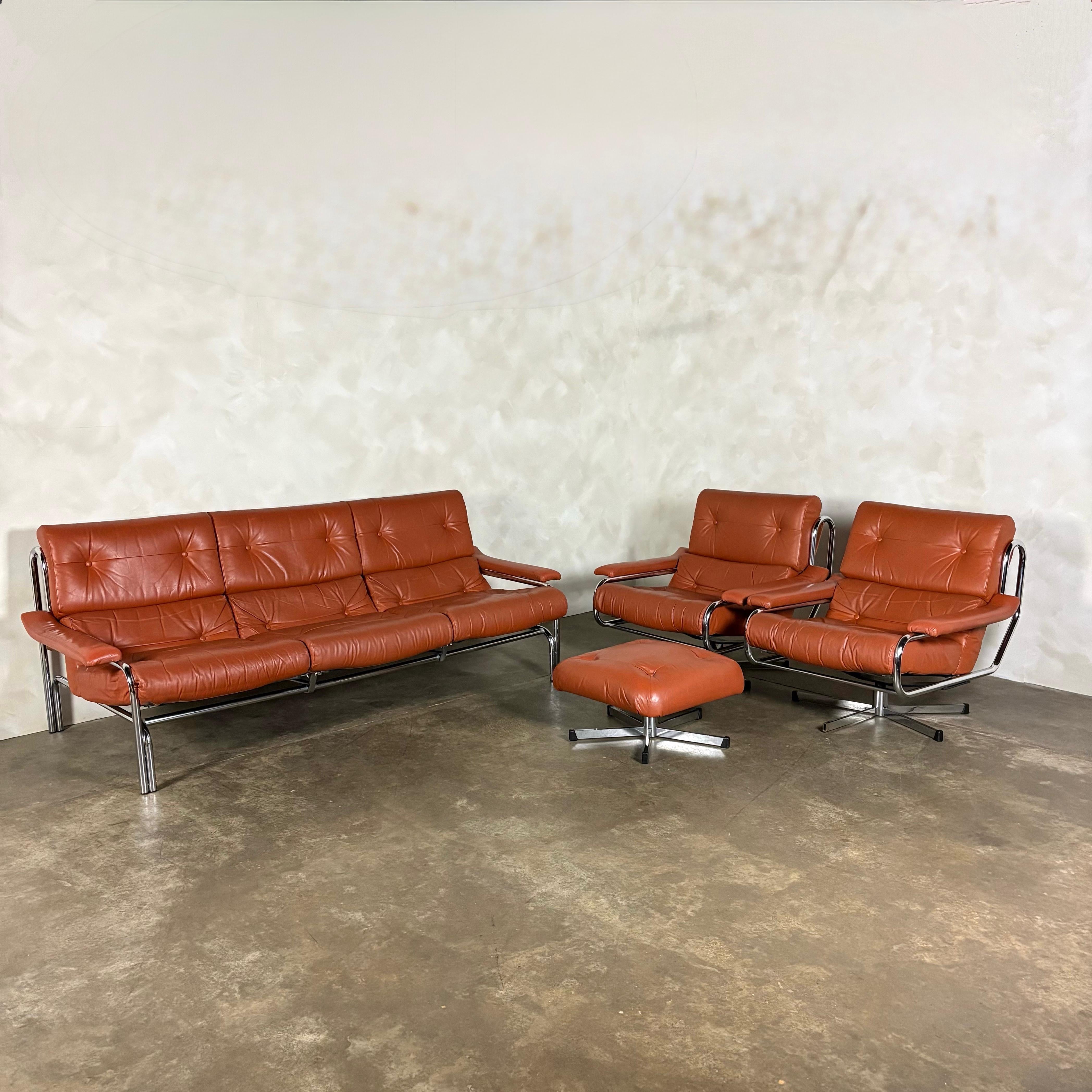 Mid Century Pieff Alpha Tan Brown Leather Three Seater Sofa & Two Swivel Lounge Chairs With Footstool Vintage Retro MCM