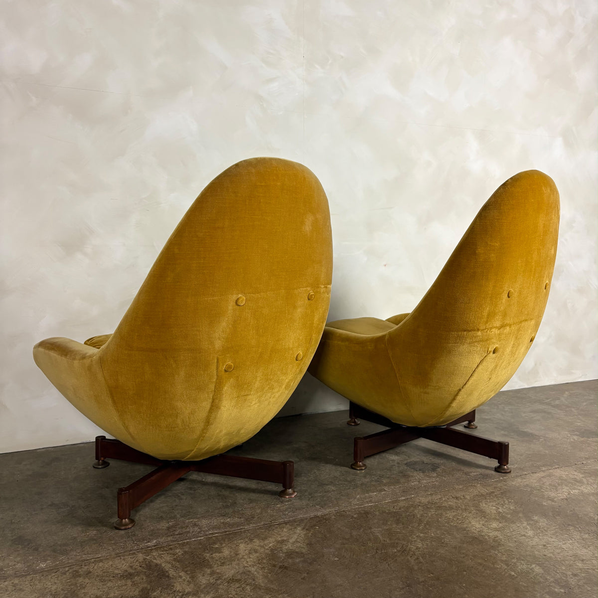 Pair Of Greaves & Thomas Yellow Mustard Egg Swivel Lounge Chairs Mid Century Vintage Retro MCM
