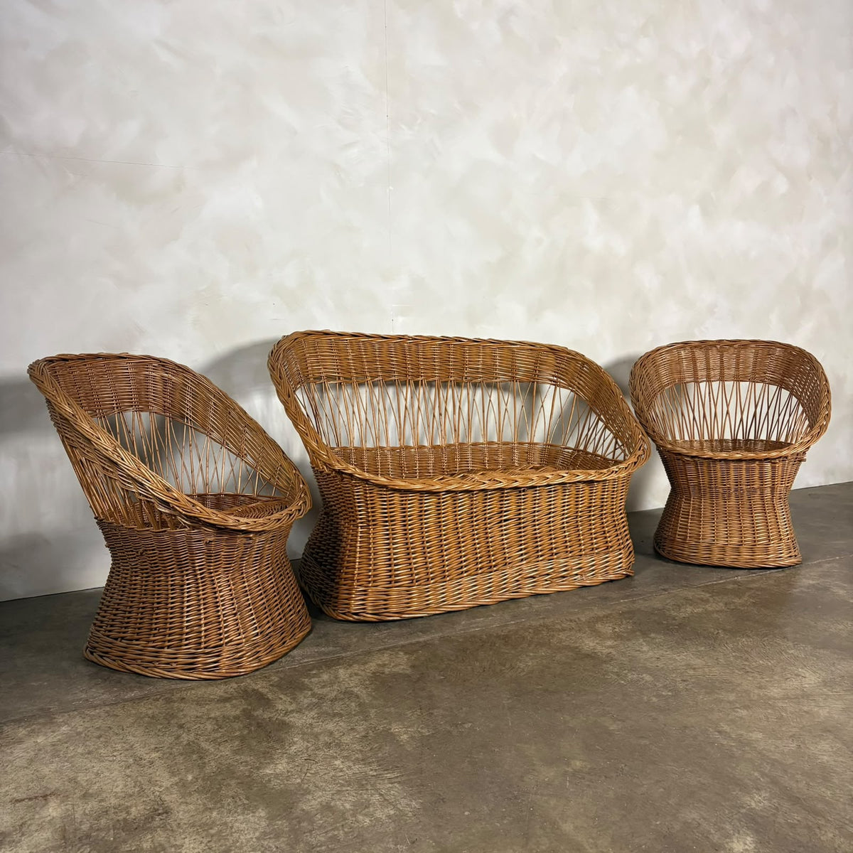1970s Rattan Sofa & Pair Of Lounge Chairs Mid Century Vintage Retro MCM