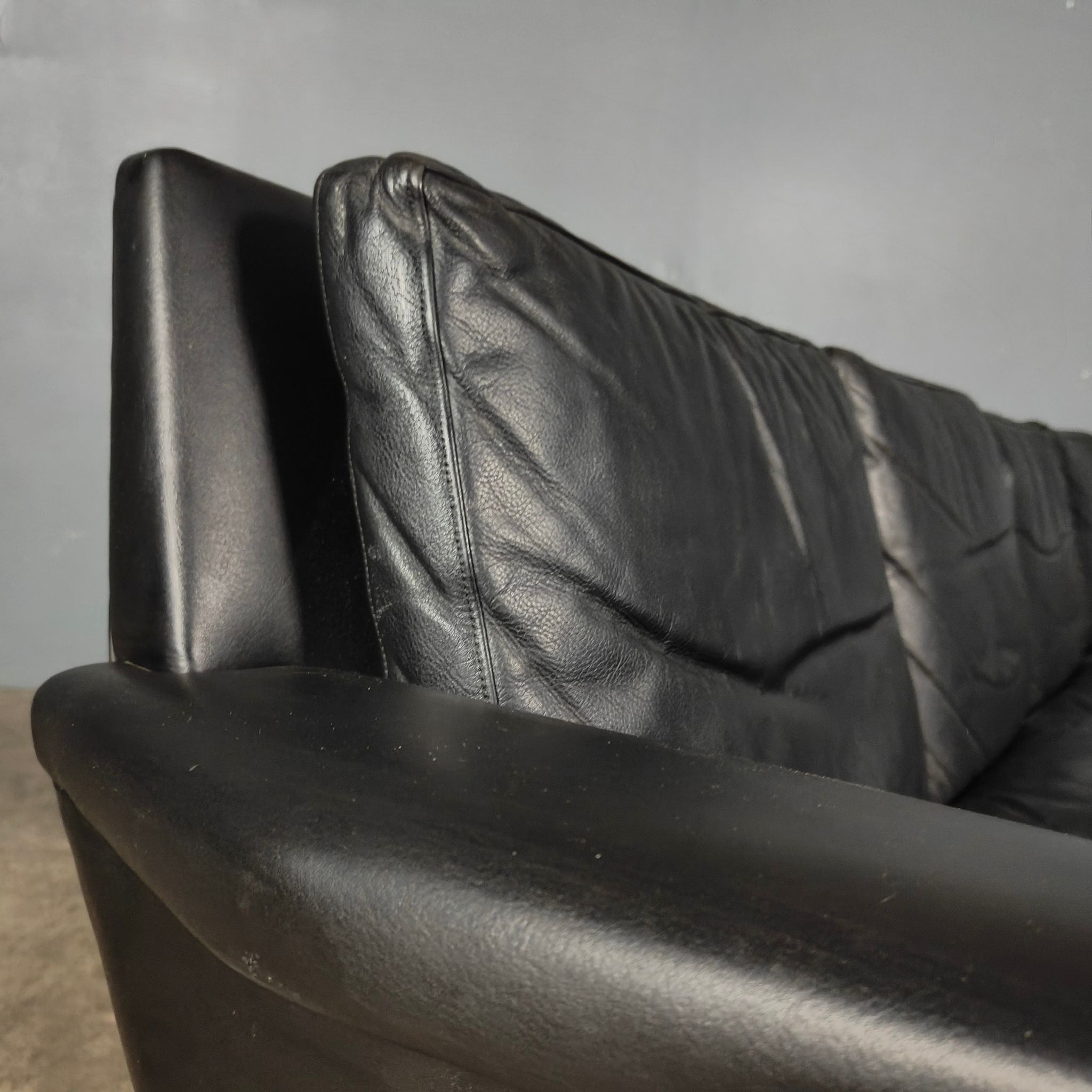 Black Leather Four Seater Sofa Danish 1960s Mid Century Vintage Retro MCM